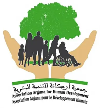 AAHD Association Argana for Human Development Charity Graphic of a tree of life with two hands holding the tree and the community with Argan Sports